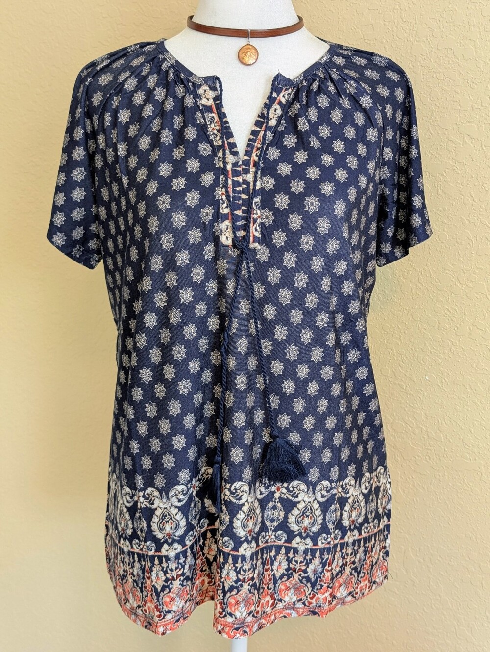 Alkamy Navy Boho Tassel Tunic Top